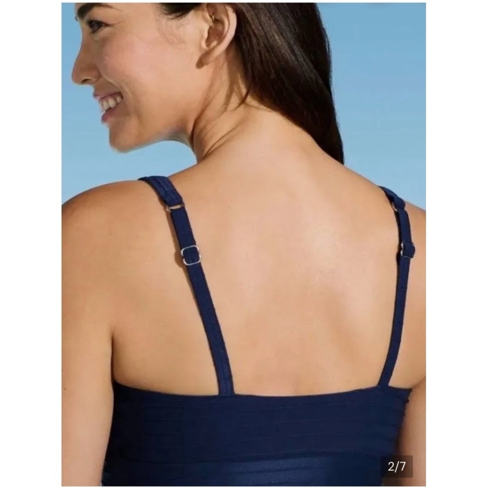 Lands End Navy Blue Ribbed Square Neck Tankini Top Adjustable Straps Womens 18 - Picture 4 of 8